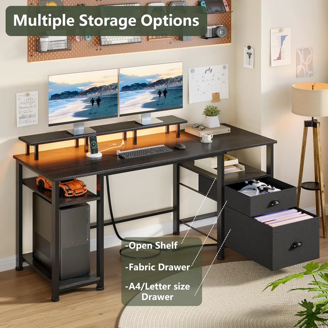 Alt view image 3 of 7 - 61" Gaming Desk with Outlets & LED, Large Computer Desk, Black,AC Outlets & USB, Ergonomic Monitor Stand, Drawer & File Cabinet, Adjustable Shelf, Reversible Table for Bedroom, Dorm