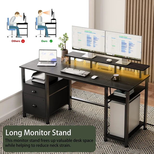 Alt view image 5 of 7 - 61" Gaming Desk with Outlets & LED, Large Computer Desk, Black,AC Outlets & USB, Ergonomic Monitor Stand, Drawer & File Cabinet, Adjustable Shelf, Reversible Table for Bedroom, Dorm