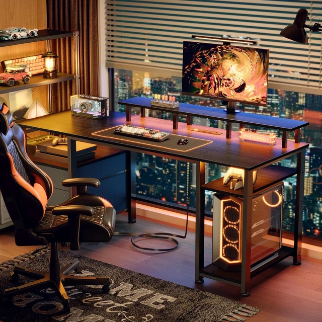 Alt view image 7 of 7 - 61" Gaming Desk with Outlets & LED, Large Computer Desk, Black,AC Outlets & USB, Ergonomic Monitor Stand, Drawer & File Cabinet, Adjustable Shelf, Reversible Table for Bedroom, Dorm