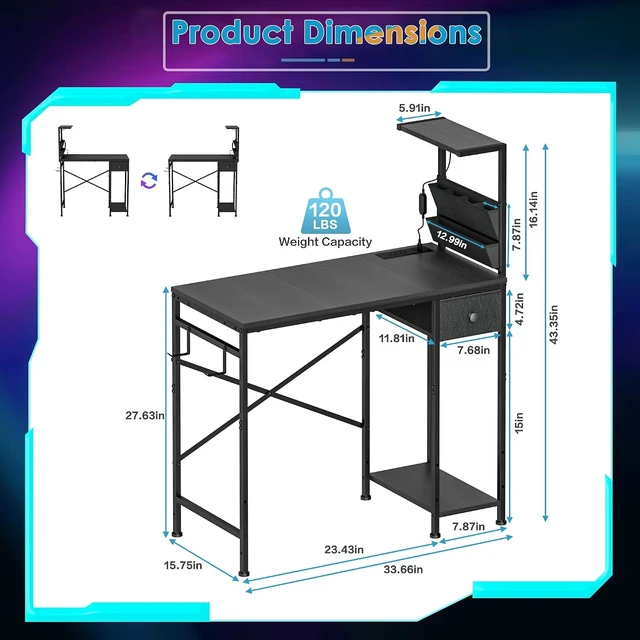 Alt view image 2 of 7 - 33.7 Inch Small Gaming Desk Table with LED Lights & Power Outlets, Compact L Shaped Gaming Computer Desk with CPU Stand, Drawer & Storage, Corner PC Desk for Kids, Home Office , Bedroom, Black
