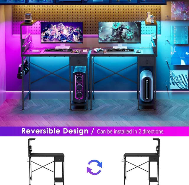 Alt view image 7 of 7 - 33.7 Inch Small Gaming Desk Table with LED Lights & Power Outlets, Compact L Shaped Gaming Computer Desk with CPU Stand, Drawer & Storage, Corner PC Desk for Kids, Home Office , Bedroom, Black