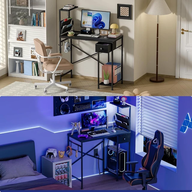 Alt view image 5 of 7 - 33.7 Inch Small Gaming Desk Table with LED Lights & Power Outlets, Compact L Shaped Gaming Computer Desk with CPU Stand, Drawer & Storage, Corner PC Desk for Kids, Home Office , Bedroom, Black