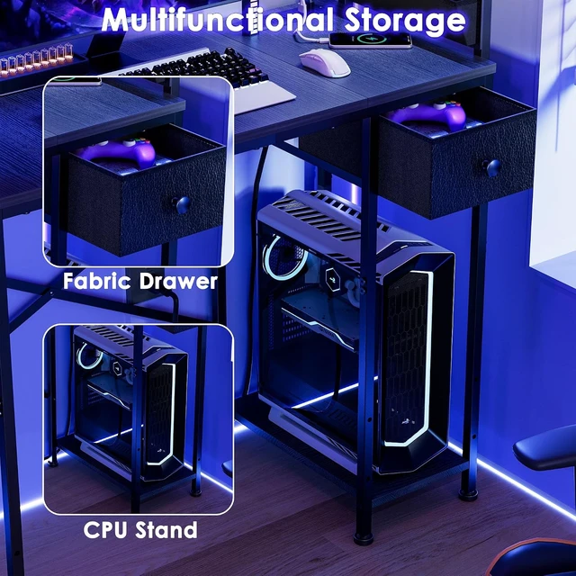 Alt view image 6 of 7 - 33.7 Inch Small Gaming Desk Table with LED Lights & Power Outlets, Compact L Shaped Gaming Computer Desk with CPU Stand, Drawer & Storage, Corner PC Desk for Kids, Home Office , Bedroom, Black