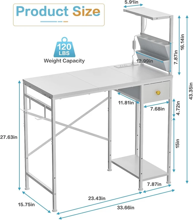 Alt view image 5 of 7 - 33.7" Computer Desk with Power Outlets, LED Lights & Drawer, Small Office Desk with Storage Bag & Hooks, Gaming Desk for Bedrooms or Home Office, Compact Study Desk for Small Spaces,White