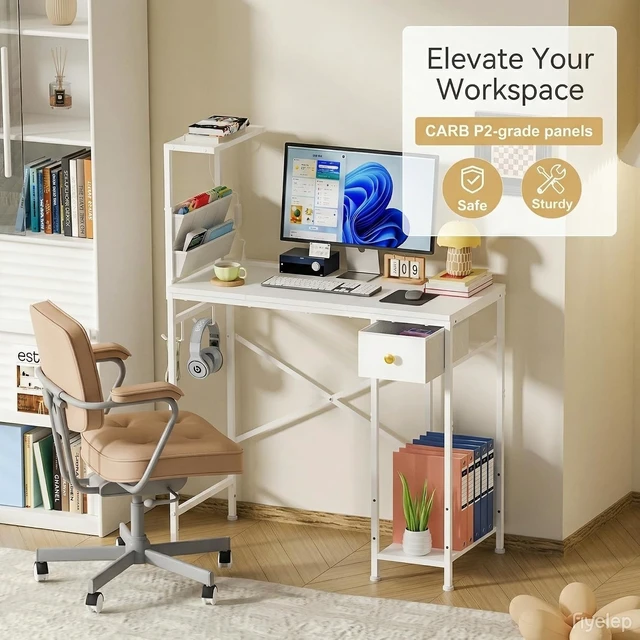 Alt view image 4 of 7 - 33.7" Computer Desk with Power Outlets, LED Lights & Drawer, Small Office Desk with Storage Bag & Hooks, Gaming Desk for Bedrooms or Home Office, Compact Study Desk for Small Spaces,White