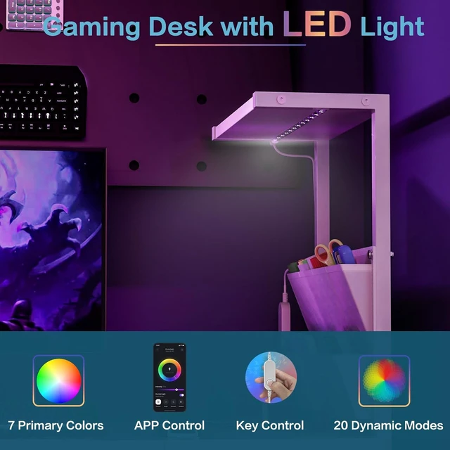 Alt view image 6 of 7 - 33.7" Computer Desk with Power Outlets, LED Lights & Drawer, Small Office Desk with Storage Bag & Hooks, Gaming Desk for Bedrooms or Home Office, Compact Study Desk for Small Spaces,White