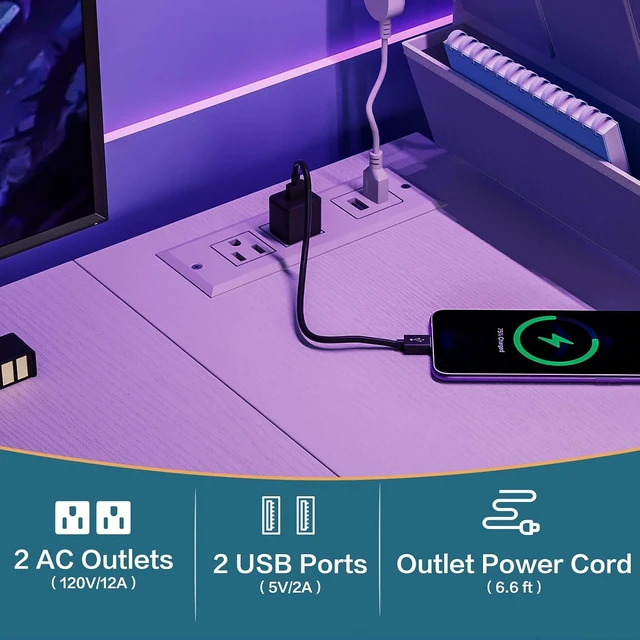 Alt view image 3 of 7 - 33.7" Computer Desk with Power Outlets, LED Lights & Drawer, Small Office Desk with Storage Bag & Hooks, Gaming Desk for Bedrooms or Home Office, Compact Study Desk for Small Spaces,White