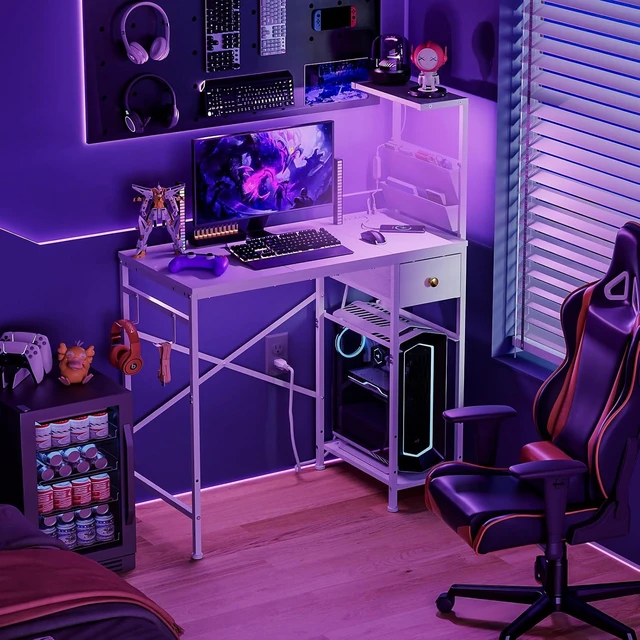 Alt view image 2 of 7 - 33.7" Computer Desk with Power Outlets, LED Lights & Drawer, Small Office Desk with Storage Bag & Hooks, Gaming Desk for Bedrooms or Home Office, Compact Study Desk for Small Spaces,White