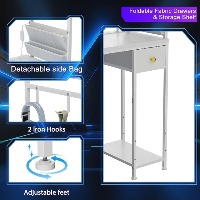Alt view image 7 of 7 - 33.7" Computer Desk with Power Outlets, LED Lights & Drawer, Small Office Desk with Storage Bag & Hooks, Gaming Desk for Bedrooms or Home Office, Compact Study Desk for Small Spaces,White