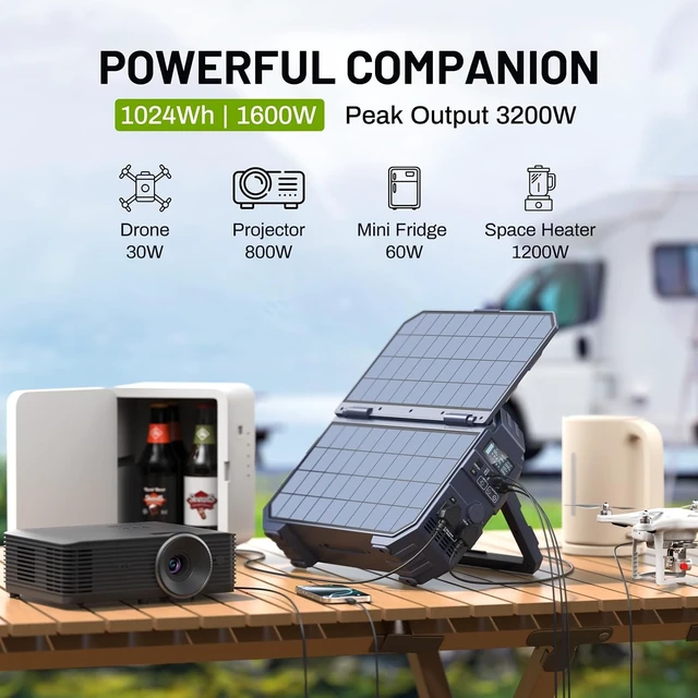 Alt view image 5 of 7 - 1600W (3200W Peak) Portable Power Station with Built-in Solar Panel,1024Wh LiFePO4 Battery, USB-C 100W Fast Charging, Solar Generator for Camping, RV, Home Backup, Emergency and power outages