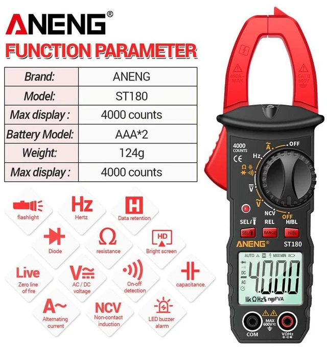Alt view image 2 of 7 - ST180 4000 Counts Digital Clamp Meter AC Current Multimeter Ammeter Voltage Tester Car Amp Hz Capacitance NCV Ohm Tool - Red