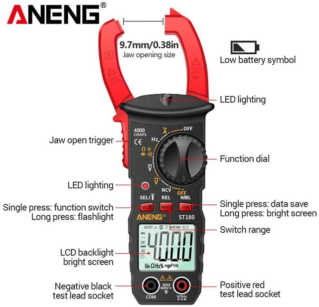 Alt view image 5 of 7 - ST180 4000 Counts Digital Clamp Meter AC Current Multimeter Ammeter Voltage Tester Car Amp Hz Capacitance NCV Ohm Tool - Red