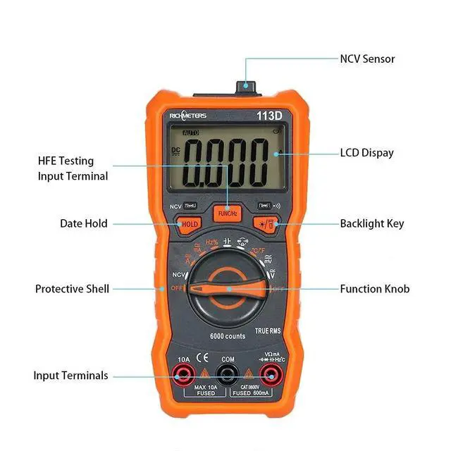 Alt view image 5 of 7 - RM113D NCV Digital Multimeter 6000 Counts Auto Ranging AC/DC Voltage Temperature Measuring Meter Flash Light Backlight Large Screen with Magnetic Suction