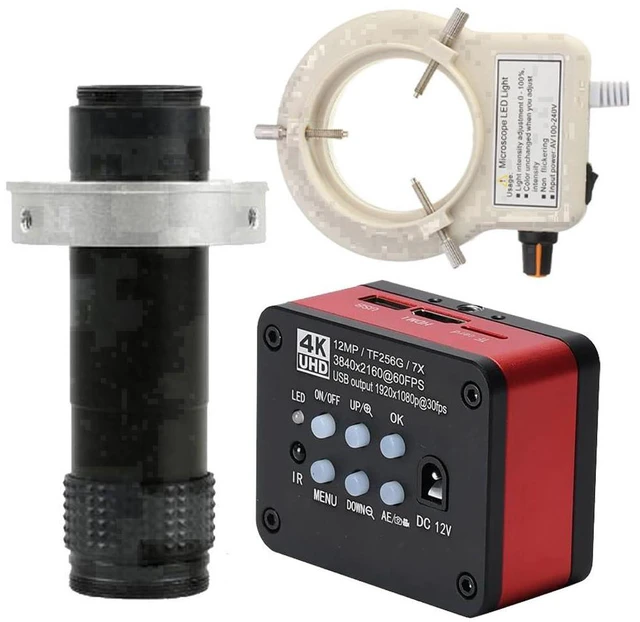 Main image of 4K UHD FHD 60FPS Microscope Camera Industrial Electronic Video Digital Microscope & 120X C-Mount Lens Whit 56-LED Adjustable Ring Light - Red