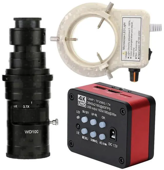 Main image of 4K UHD FHD 60FPS Microscope Camera Industrial Electronic Video Digital Microscope & 200X C-Mount Lens Whit 56-LED Adjustable Ring Light - Red