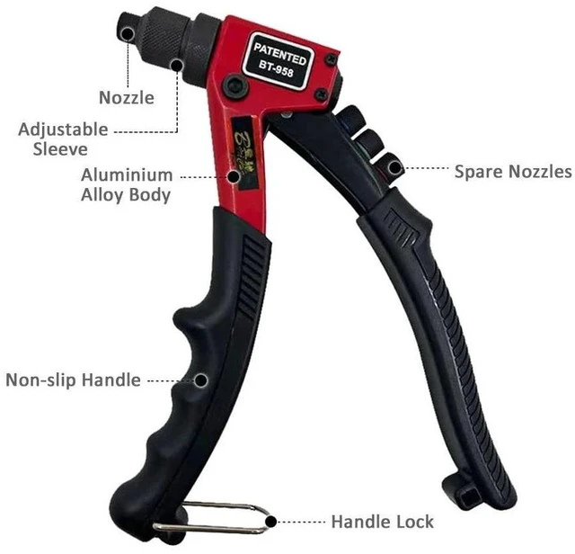 Alt view image 4 of 7 - Hand Rivet Gun Heavy Duty Single Hand Manual Riveter with 4 Interchangeable Heads 3/32 Inch 1/8 Inch 5/32 Inch 3/16 Inch for Metal Automotive Aluminium Alloy Windows Red