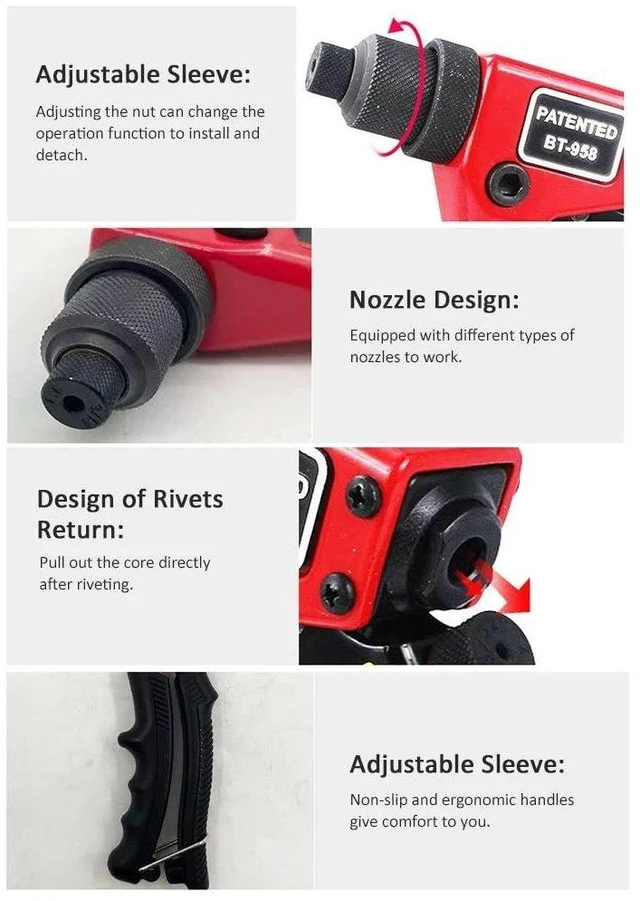 Alt view image 5 of 7 - Hand Rivet Gun Heavy Duty Single Hand Manual Riveter with 4 Interchangeable Heads 3/32 Inch 1/8 Inch 5/32 Inch 3/16 Inch for Metal Automotive Aluminium Alloy Windows Red
