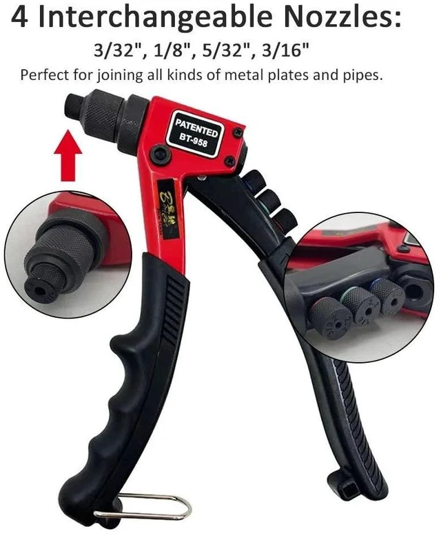 Alt view image 7 of 7 - Hand Rivet Gun Heavy Duty Single Hand Manual Riveter with 4 Interchangeable Heads 3/32 Inch 1/8 Inch 5/32 Inch 3/16 Inch for Metal Automotive Aluminium Alloy Windows Red
