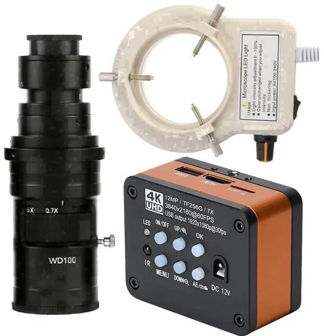 Main image of 4K UHD FHD 60FPS Microscope Camera Industrial Electronic Video Digital Microscope & 200X C-Mount Lens Whit 56-LED Adjustable Ring Light - Orange