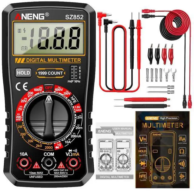 Main image of SZ852 Digital Multimeter 1999 Counts 600V AC DC Voltage Current Resistance Tester hFE Transistor Diode Test & Combination Line Withe Box - Black
