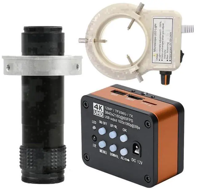 Main image of 4K UHD FHD 60FPS Microscope Camera Industrial Electronic Video Digital Microscope & 120X C-Mount Lens Whit 56-LED Adjustable Ring Light - Orange