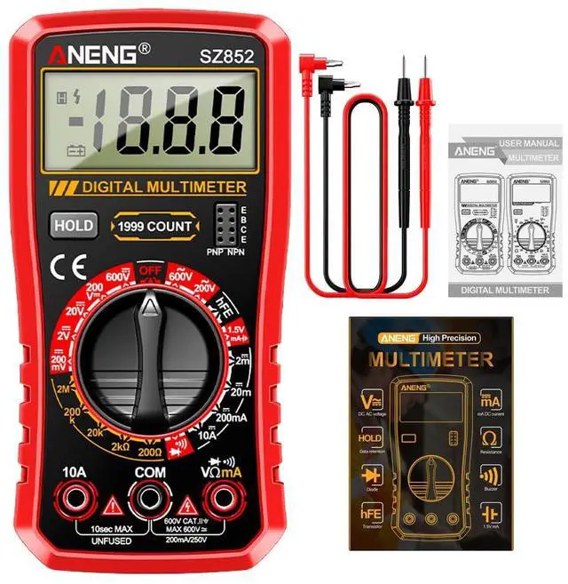 Main image of SZ852 Digital Multimeter 1999 Counts 600V AC DC Voltage Current Resistance Tester hFE Transistor Diode Test Withe Box - Red