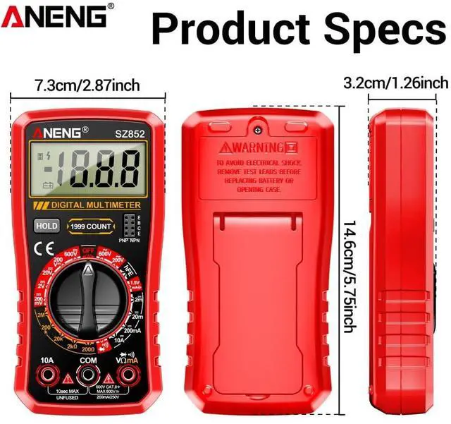Alt view image 4 of 7 - SZ852 Digital Multimeter 1999 Counts 600V AC DC Voltage Current Resistance Tester hFE Transistor Diode Test & Combination Line Withe Box - Red