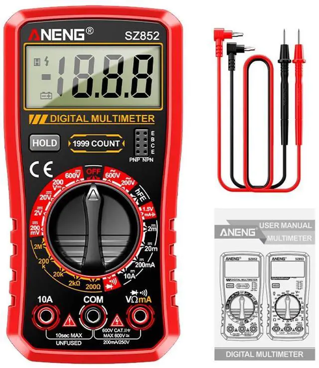 Main image of SZ852 Digital Multimeter 1999 Counts 600V AC DC Voltage Current Resistance Tester hFE Transistor Diode Test - Red