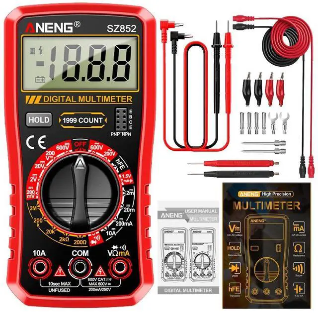 Main image of SZ852 Digital Multimeter 1999 Counts 600V AC DC Voltage Current Resistance Tester hFE Transistor Diode Test & Combination Line Withe Box - Red