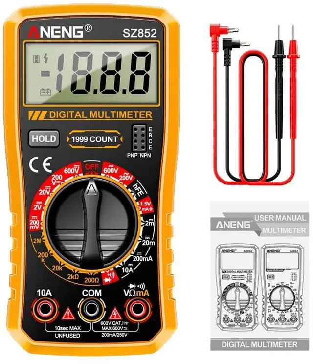 Main image of SZ852 Digital Multimeter 1999 Counts 600V AC DC Voltage Current Resistance Tester hFE Transistor Diode Test - Orange