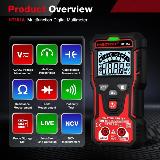 Alt view image 2 of 7 - HT161A Smart Digital Multimeter AC/DC Voltage NCV Capacitance Resistance Continuity Test Auto Range Electrician Test