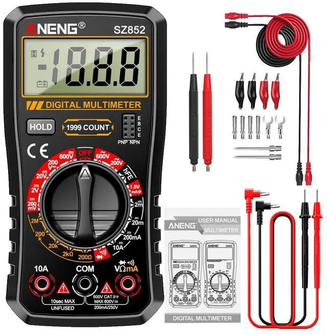 Main image of SZ852 Digital Multimeter 1999 Counts 600V AC DC Voltage Current Resistance Tester hFE Transistor Diode Test & Combination Line - Black