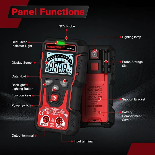 Alt view image 5 of 7 - HT161A Smart Digital Multimeter AC/DC Voltage NCV Capacitance Resistance Continuity Test Auto Range Electrician Test