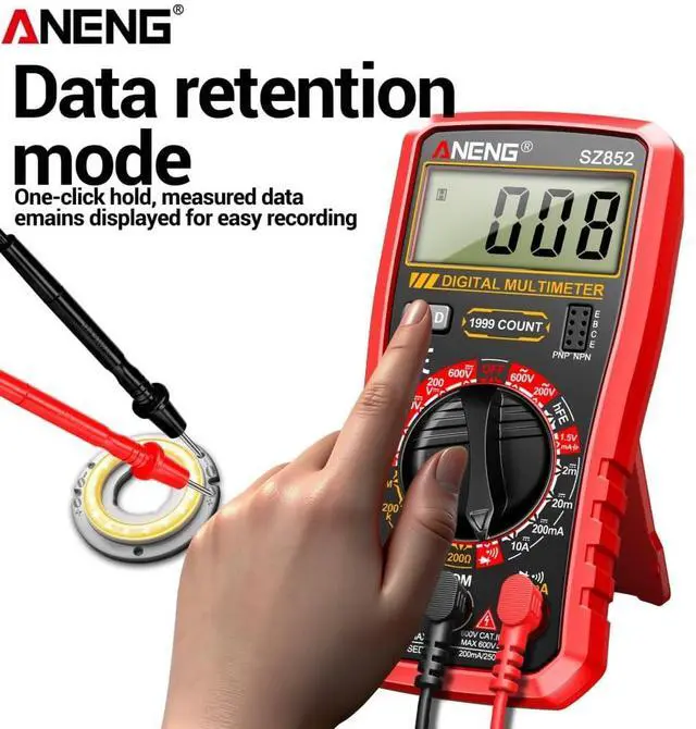Alt view image 6 of 7 - SZ852 Digital Multimeter 1999 Counts 600V AC DC Voltage Current Resistance Tester hFE Transistor Diode Test & Combination Line Withe Box - Red