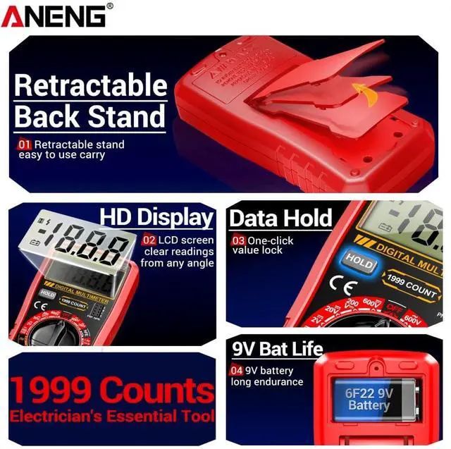 Alt view image 7 of 7 - SZ852 Digital Multimeter 1999 Counts 600V AC DC Voltage Current Resistance Tester hFE Transistor Diode Test & Combination Line Withe Box - Red