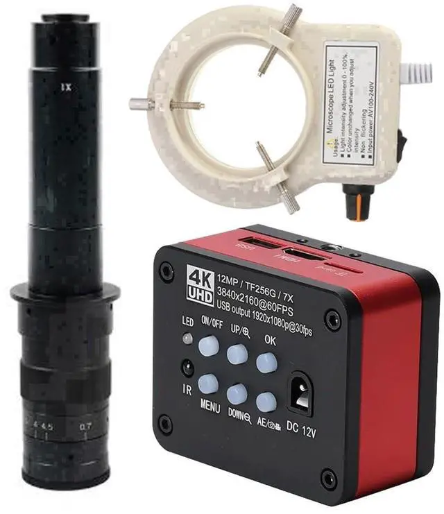 Main image of 4K UHD FHD 60FPS Microscope Camera Industrial Electronic Video Digital Microscope & 300X C-Mount Lens Whit 56-LED Adjustable Ring Light - Red