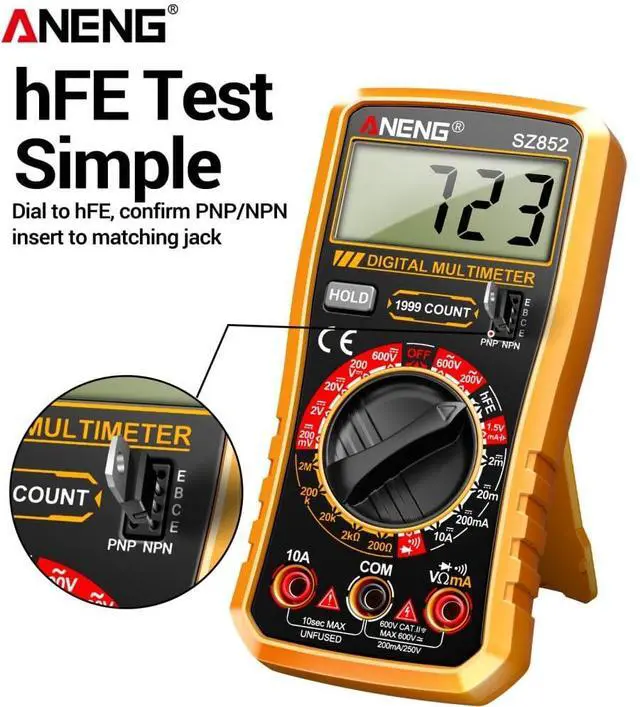 Alt view image 7 of 7 - SZ852 Digital Multimeter 1999 Counts 600V AC DC Voltage Current Resistance Tester hFE Transistor Diode Test - Orange