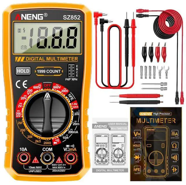 Main image of SZ852 Digital Multimeter 1999 Counts 600V AC DC Voltage Current Resistance Tester hFE Transistor Diode Test & Combination Line Withe Box - Orange