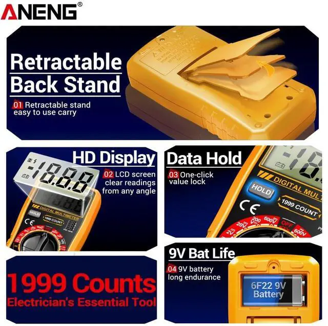 Alt view image 3 of 7 - SZ852 Digital Multimeter 1999 Counts 600V AC DC Voltage Current Resistance Tester hFE Transistor Diode Test - Orange