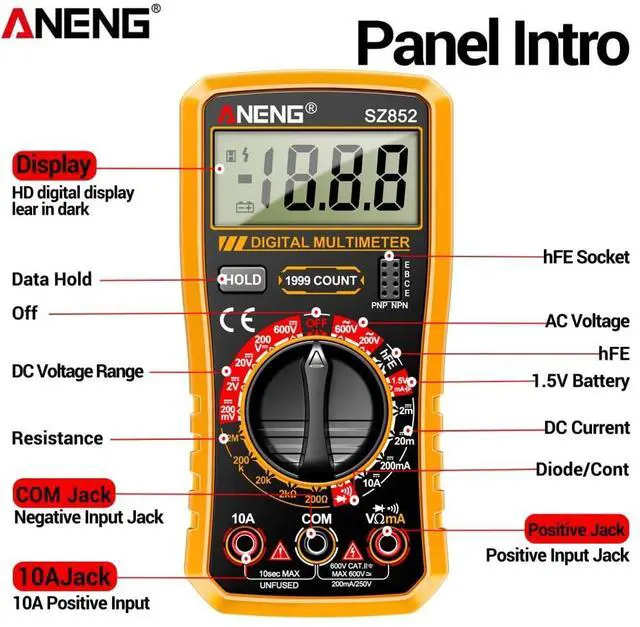 Alt view image 4 of 7 - SZ852 Digital Multimeter 1999 Counts 600V AC DC Voltage Current Resistance Tester hFE Transistor Diode Test - Orange