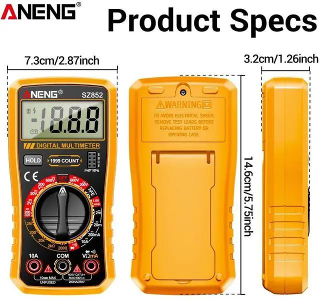 Alt view image 7 of 7 - SZ852 Digital Multimeter 1999 Counts 600V AC DC Voltage Current Resistance Tester hFE Transistor Diode Test & Combination Line Withe Box - Orange