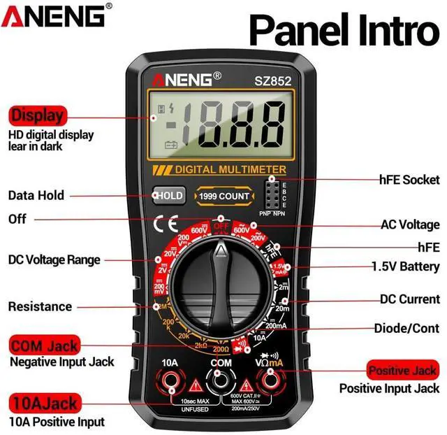 Alt view image 2 of 7 - SZ852 Digital Multimeter 1999 Counts 600V AC DC Voltage Current Resistance Tester hFE Transistor Diode Test Withe Box - Black