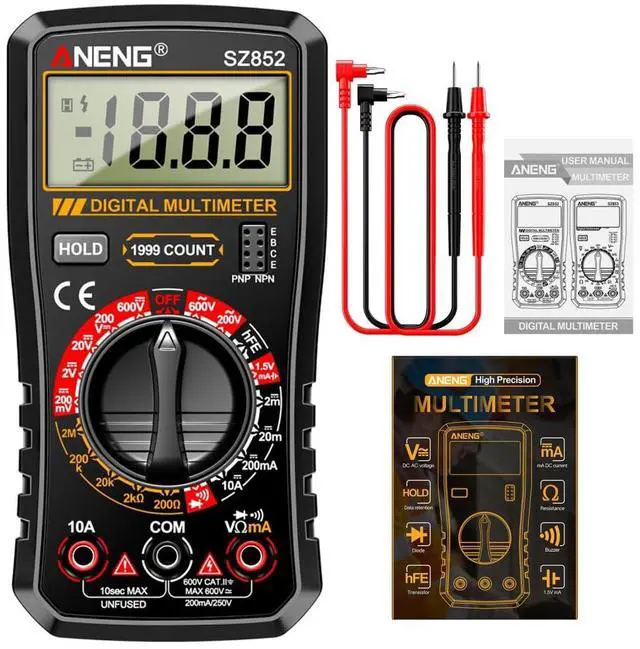 Main image of SZ852 Digital Multimeter 1999 Counts 600V AC DC Voltage Current Resistance Tester hFE Transistor Diode Test Withe Box - Black