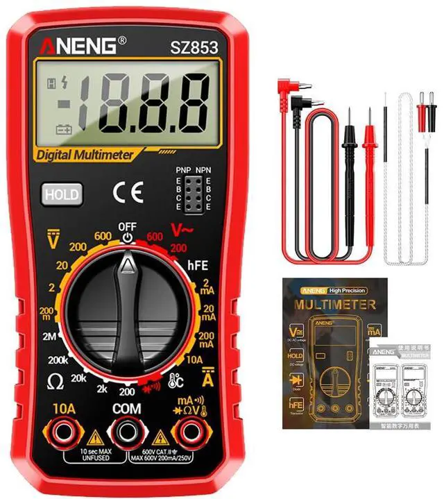 Main image of SZ853 Digital Multimeter Voltmeter 1999 Counts AC DC Voltage Current Resistance Temperature Tester with Buzzer Diode Test Withe Box - Red