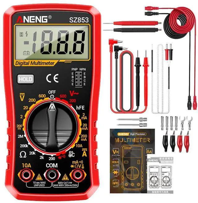 Main image of SZ853 Digital Multimeter Voltmeter 1999 Counts AC DC Voltage Current Resistance Temperature Tester with Buzzer Diode Test & Combination Line Withe Box - Red