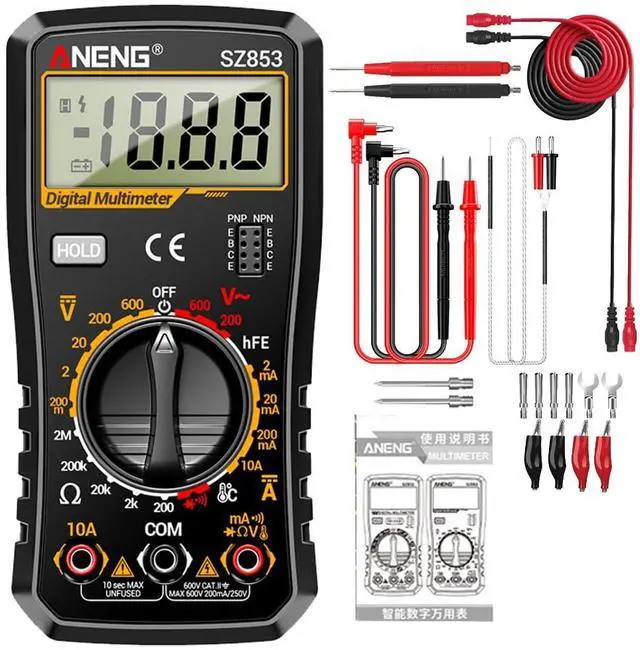 Main image of SZ853 Digital Multimeter Voltmeter 1999 Counts AC DC Voltage Current Resistance Temperature Tester with Buzzer Diode Test & Combination Line - Black