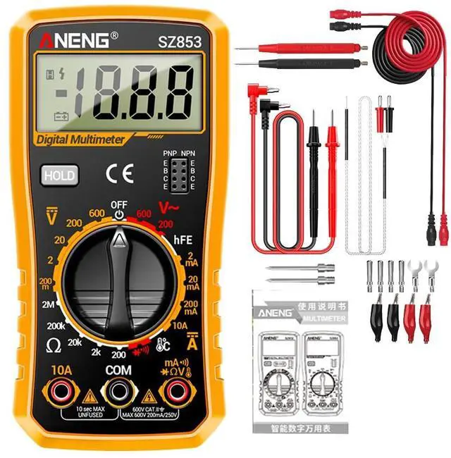 Main image of SZ853 Digital Multimeter Voltmeter 1999 Counts AC DC Voltage Current Resistance Temperature Tester with Buzzer Diode Test & Combination Line - Orange
