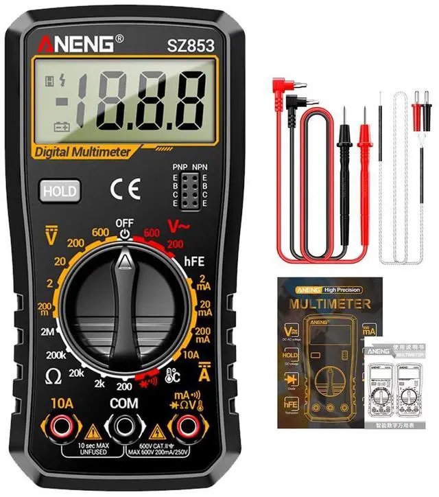 Main image of SZ853 Digital Multimeter Voltmeter 1999 Counts AC DC Voltage Current Resistance Temperature Tester with Buzzer Diode Test Withe Box - Black