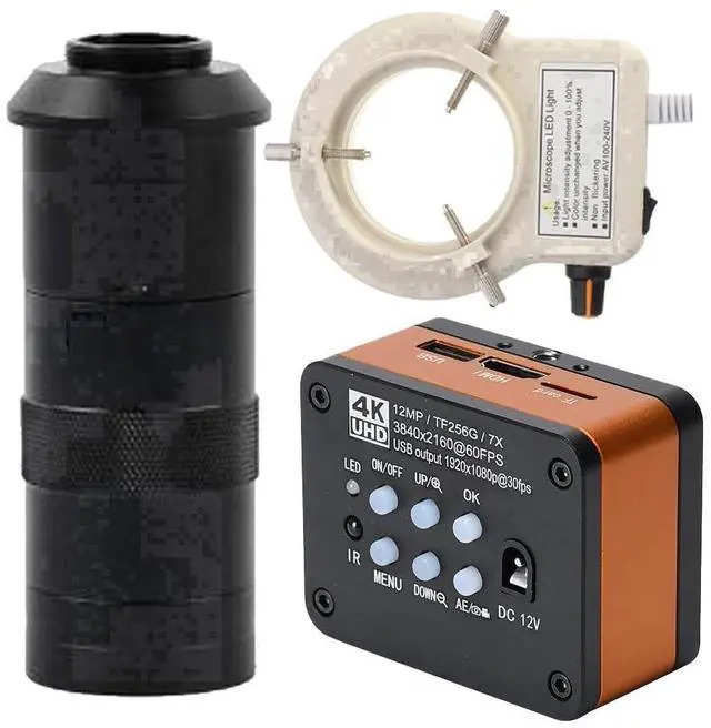 Main image of 4K UHD FHD 60FPS Microscope Camera Industrial Electronic Video Digital Microscope & 100X C-Mount Lens Whit 56-LED Adjustable Ring Light - Orange