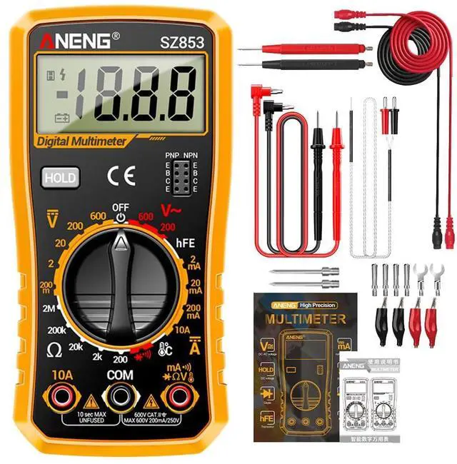 Main image of SZ853 Digital Multimeter Voltmeter 1999 Counts AC DC Voltage Current Resistance Temperature Tester with Buzzer Diode Test & Combination Line Withe Box - Orange